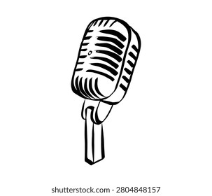 Vintage microphone doodle icon in retro line art style. Hand drawn sketch perfect for music podcast, radio show or karaoke event design with classic microphone illustration.