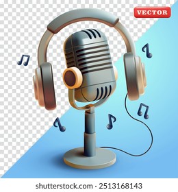 Vintage microphone and earphones, 3d vector. Suitable for media and design elements