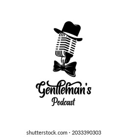 vintage microphone fancy hat and bow tie gentleman podcast logo design vector