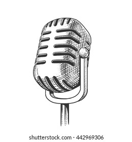 Vintage microphone hand drawn engraving style vector illustration. Scratch board imitation.