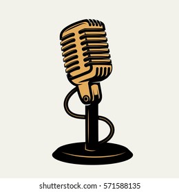 vintage microphone icon isolated on white background. Design elements for logo, poster, emblem, sign. Vector monochrome illustration