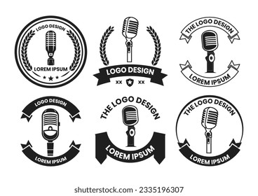 vintage microphone logo in flat line art style isolated on background