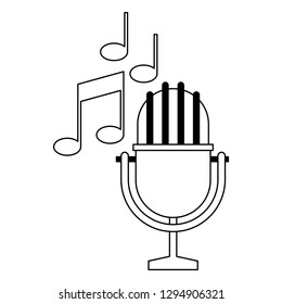 vintage microphone with music notes in black and white