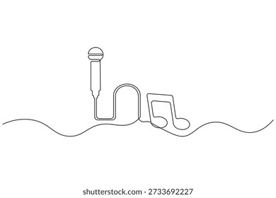Vintage microphone with musical notes continuous one line drawing on white
