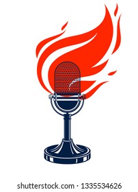 Vintage microphone on fire, hot mic in flames, studio recording music, on the air typing, vector logo or illustration, live radio translation, standup comedy, t-shirt print.