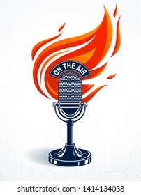 Vintage microphone on fire, hot mic in flames, studio recording music, on the air typing, vector logo or illustration, live radio translation, standup comedy, t-shirt print.