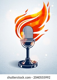 Vintage microphone on fire, hot mic in flames, studio recording music, on the air typing, vector logo or illustration, live radio translation, standup comedy, t-shirt print.