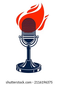 Vintage microphone on fire, hot mic in flames, studio recording music, on the air typing, vector logo or illustration, live radio translation, standup comedy, t-shirt print.