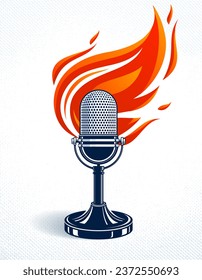 Vintage microphone on fire, hot mic in flames, studio recording music, on the air typing, vector logo or illustration, live radio translation, standup comedy, t-shirt print.