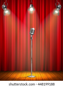 Vintage Microphone On Illuminated Stage With Red Curtain Three Hanging Spotlights Wooden Floor Vector Illustration