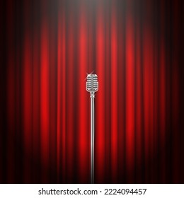 Vintage Microphone On Red Curtain Realistic Vector Illustration. Metallic Mic Empty Theater Concert Performance Musical Entertainment Stage. Artist Live Communication Vocal Instrument Equipment