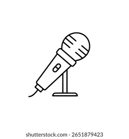 A vintage microphone on a stand, shown in a simple line art style. A minimalist icon for podcasts, radio broadcasting, or music recording.