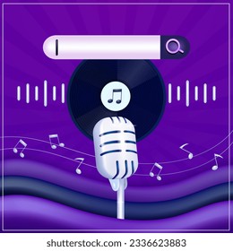 Vintage microphone on a vinyl background, with elements of musical notes, search bar and musical waves. 3d vector suitable for music events