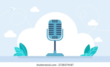 Micrófono de Antiguas sobre fondo blanco. Icono de micrófono retro. Icono de podcast. Grabación de voz. Símbolo de estudio de grabación. Plantilla del logotipo del micrófono para muchos propósitos. Ilustración vectorial