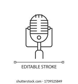 Vintage microphone pixel perfect linear icon. Mic to perform live on stage. Musical concert. Thin line customizable illustration. Contour symbol. Vector isolated outline drawing. Editable stroke