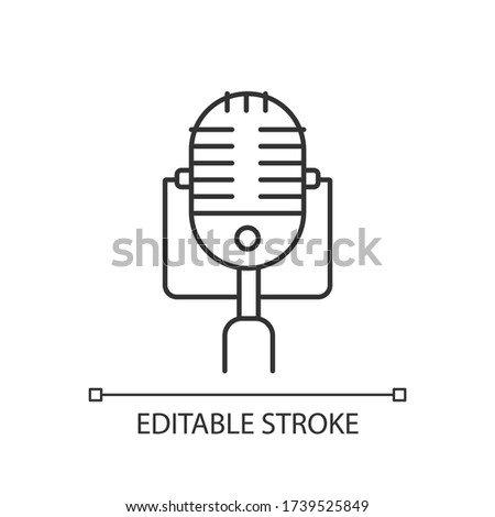 Vintage microphone pixel perfect linear icon. Mic to perform live on stage. Musical concert. Thin line customizable illustration. Contour symbol. Vector isolated outline drawing. Editable stroke