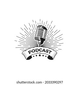 vintage microphone podcast logo design vector