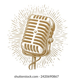 Vintage microphone and rays. Recording Mic. Hand drawn retro vector illustration