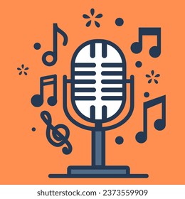 Micrófono vintage con notas de música separadas sobre fondo naranja. Ilustración del vector EPS 10.