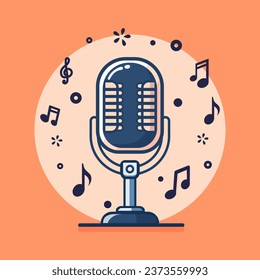 Vintage microphone with separated music notes on orange background. Vector illustration EPS 10.