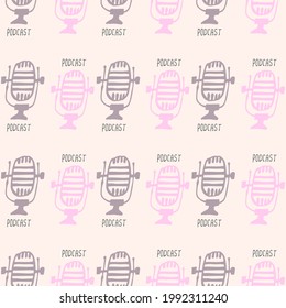 Vintage microphone, sound equipment. Radio, podcast concept. Vector seamless pattern in sketch doodle style. Colorful background.