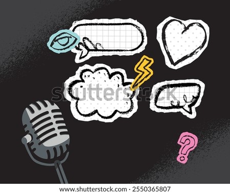 Vintage microphone surrounded by speech bubbles collection with drawings. Symbol of communication, dialogue, announcement. Design template for podcasts, blogging and content creation.
