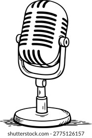 Vintage Microphone Vector Icon: A minimalist black line illustration of a 1950s style retro radio mic on a white background, perfect for podcasts, music, and broadcast design projects.