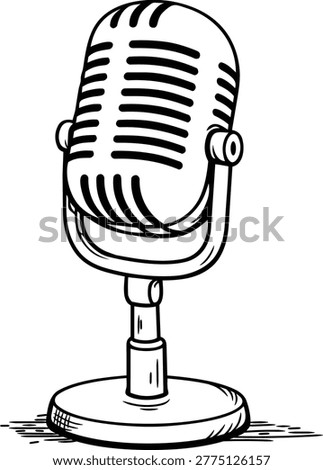 Vintage Microphone Vector Icon: A minimalist black line illustration of a 1950s style retro radio mic on a white background, perfect for podcasts, music, and broadcast design projects.