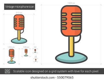 Icono vectorial de línea de micrófono vintage aislado en fondo blanco. Icono de línea de micrófono vintage para infografía, sitio web o aplicación. Icono escalable diseñado en un sistema de cuadrícula.
