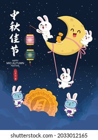 Vintage Mid Autumn Festival poster design with the rabbit character. Chinese translate: Mid Autumn Festival, Happy Mid Autumn Festival, Fifteen of August.