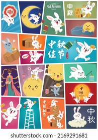 Vintage Mid Autumn Festival poster design with the Chinese Goddess of Moon  rabbit character. Chinese translate: Mid Autumn Festival. Stamp: Fifteen of August.