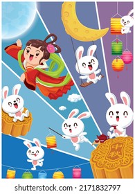 Vintage Mid Autumn Festival poster design with the Chinese Goddess of Moon  rabbit character. Chinese translate: Mid Autumn Festival