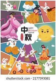 Vintage Mid Autumn Festival poster design with the Chinese Goddess of Moon, rabbit character. Chinese translate: Mid Autumn Festival, Happy Mid Autumn Festival, Fifteen of August.