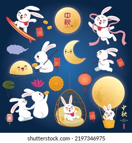 Vintage Mid Autumn Festival poster design with the Chinese Goddess of Moon, rabbit character. Chinese translate Mid Autumn Festival, Happy Mid Autumn Festival, Fifteen of August.