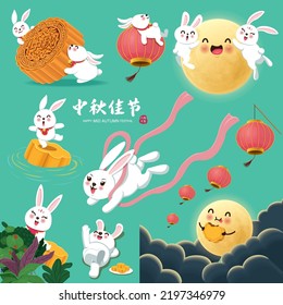 Vintage Mid Autumn Festival poster design with the Chinese Goddess of Moon, rabbit character. Chinese translate Mid Autumn Festival, Happy Mid Autumn Festival, Fifteen of August.