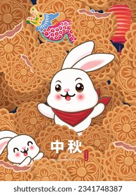 Vintage Mid Autumn Festival poster design with the rabbit character. Chinese means Mid Autumn Festival, Fifteen of August.