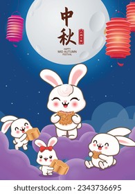 Vintage Mid Autumn Festival poster design with the rabbit character. Chinese means Mid Autumn Festival, Fifteen of August.