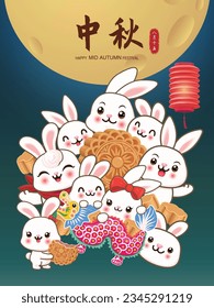 Vintage Mid Autumn Festival poster design with the rabbit character. Chinese means Mid Autumn Festival, Fifteen of August.