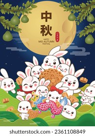 Vintage Mid Autumn Festival poster design with the rabbit character. Chinese translates Mid Autumn Festival, Fifteen of August.