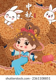 Vintage Mid Autumn Festival poster design with the Chinese Goddess of Moon and rabbit character. Chinese translates Mid Autumn Festival, Fifteen of August.