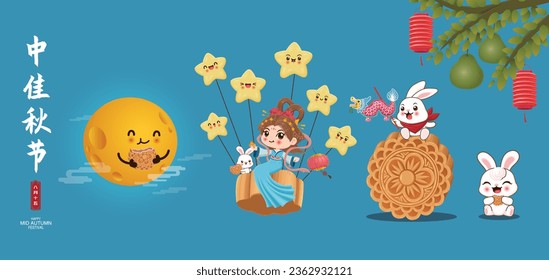 Vintage Mid Autumn Festival poster design with the Chinese Goddess of Moon and rabbit character. Chinese translates Happy Mid Autumn Festival, Fifteen of August.