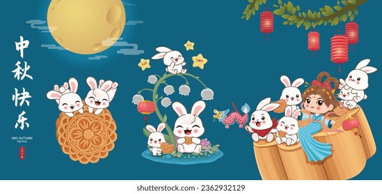 Vintage Mid Autumn Festival poster design with the Chinese Goddess of Moon and rabbit character. Chinese translates Happy Mid Autumn Festival, Fifteen of August.