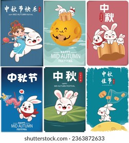 Vintage Mid Autumn Festival poster design with the Chinese Goddess of Moon and rabbit character. Chinese translates Mid Autumn Festival, Happy Mid Autumn Festival, Fifteen of August.