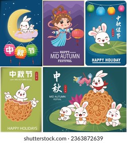 Vintage Mid Autumn Festival poster design with the Chinese Goddess of Moon and rabbit character. Chinese translates Mid Autumn Festival, Happy Mid Autumn Festival, Fifteen of August.