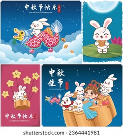 Vintage Mid Autumn Festival poster design with the Chinese Goddess of Moon and rabbit character. Chinese translates Mid Autumn Festival, Happy Mid Autumn Festival, Fifteen of August.