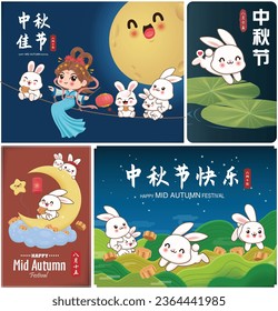 Vintage Mid Autumn Festival poster design with the Chinese Goddess of Moon and rabbit character. Chinese translates Mid Autumn Festival, Happy Mid Autumn Festival, Fifteen of August.