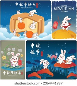 Vintage Mid Autumn Festival poster design with the rabbit character. Chinese translates Mid Autumn Festival, Happy Mid Autumn Festival, Fifteen of August.