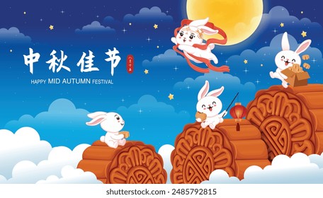 Vintage Mid Autumn Festival poster design, Chinese Goddess of Moon, rabbit, moon, moon cake, character. Translation: Happy Mid Autumn Festival, Fifteen of August.