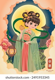 Vintage Mid Autumn Festival poster design Chinese Goddess of Moon, rabbit character. Translation: Mid Autumn Festival