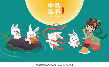 Vintage Mid Autumn Festival poster design Chinese Goddess of Moon, rabbit character. Translation: Mid Autumn Festival, Fifteen of August.